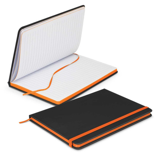 A black notebook with an orange ribbon and elastic closure, featuring lined pages.