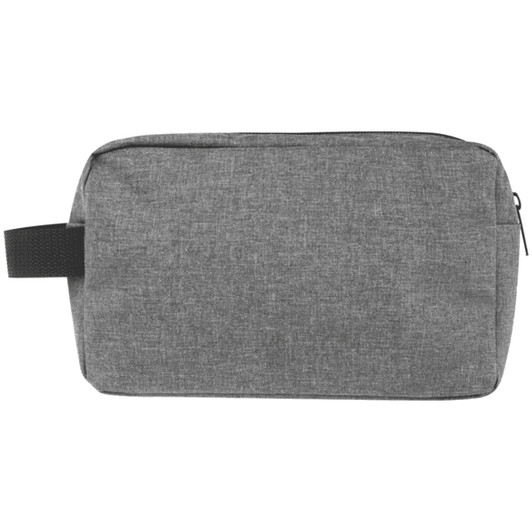 A grey toiletry bag with a zip closure and a handle, designed for travel and organisation. Features a subtle branding logo.