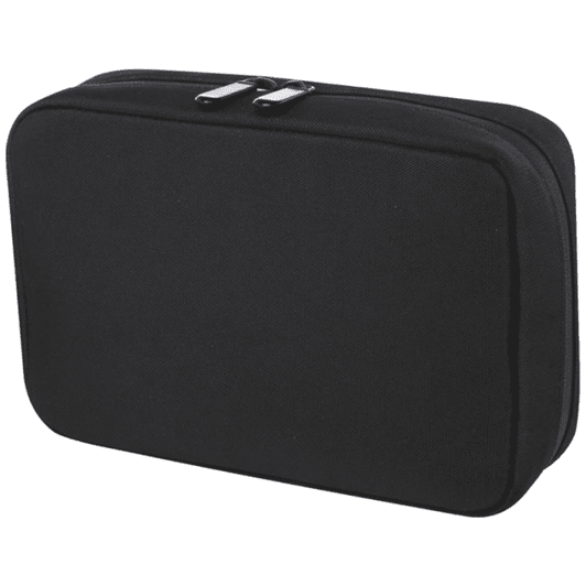 A black organiser pouch with a zip closure and a logo, featuring a rectangular shape and soft fabric.