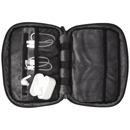 A grey organiser pouch containing charging cables and earbuds, featuring a logo on the exterior.