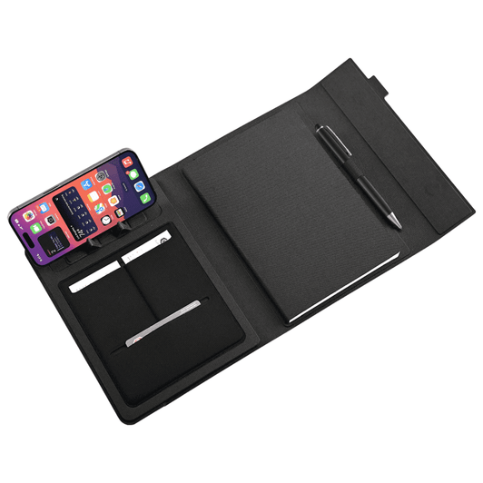 A5 RPET folio notebook in black, featuring a pen, card slots, and a space for a mobile phone.