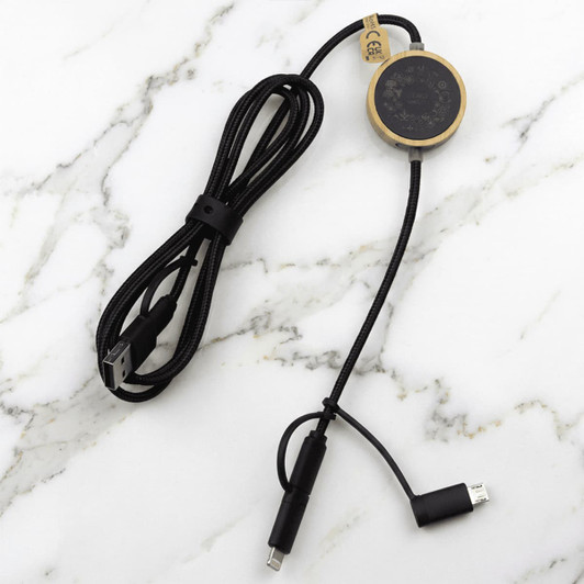 A 120cm black and gold recycled data transfer cable with a micro adaptor and USB connections.