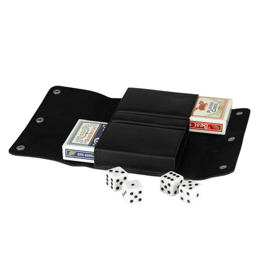 A black leather cover containing two decks of playing cards and three white dice. It features a logo.