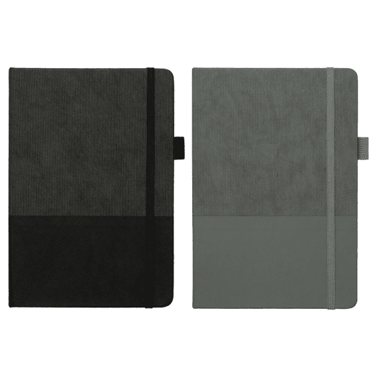 A5 thermo notebook with a recycled paper cover, featuring a black and grey design, and an elastic band closure.