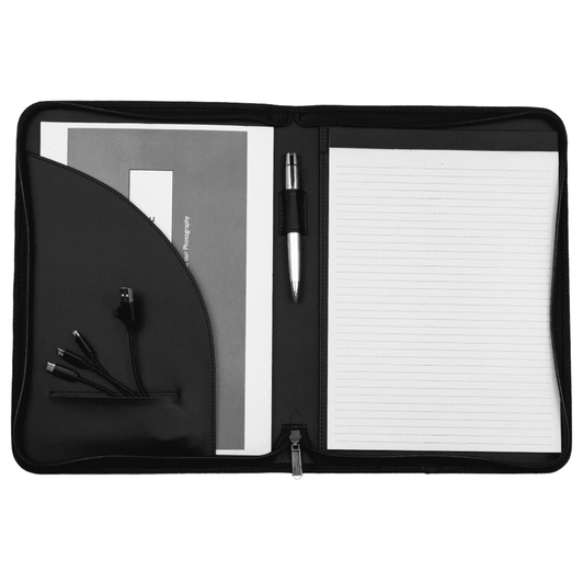 A black recycled A4 zip portfolio featuring a pen, lined notepad, and pockets for documents and cables.