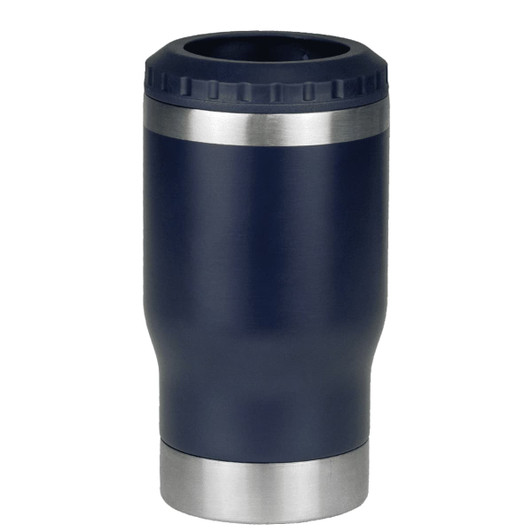 A drink bottle featuring a navy finish with a stainless steel base and a textured top, including a logo.