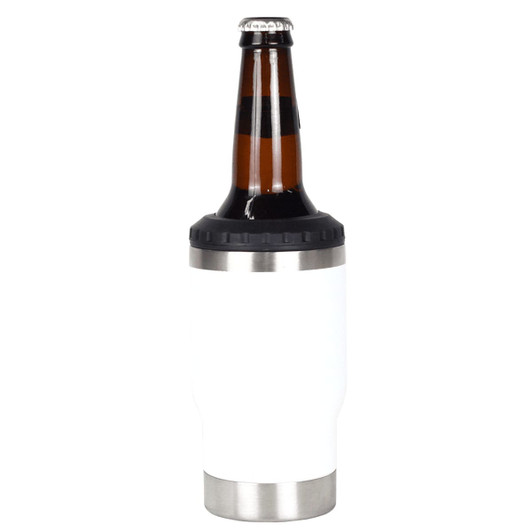 A drink bottle with a white exterior and stainless steel bottom, designed to hold a beverage. It features a logo.