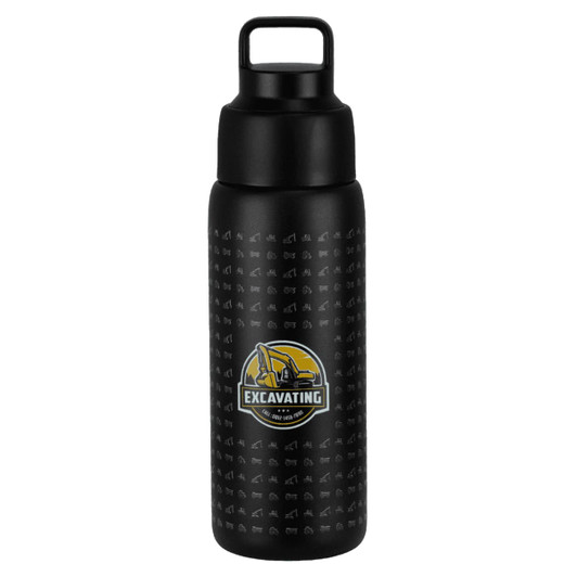 A drink bottle featuring a textured black design and a prominent logo, with a sturdy lid and handle.