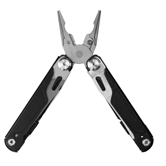 A multi-tool with black and silver accents featuring pliers, various tools, and a logo.