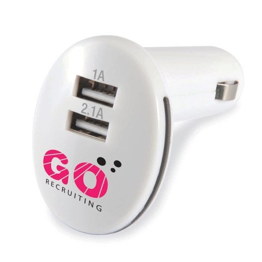 A white USB car charger with two ports and a logo on the side.