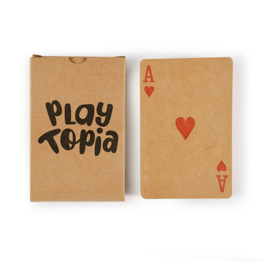 Recycled playing cards in a brown kraft box featuring a red heart Ace card. The box has a logo.