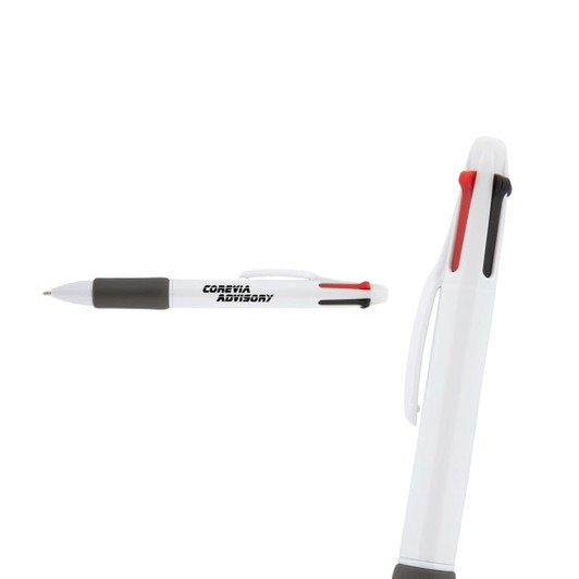 A white plastic pen featuring four colours: black, red, blue, and green. It includes a logo on the barrel.