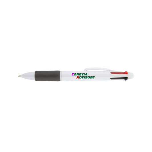 A white plastic pen featuring red and black accents, with a logo displayed on the barrel.