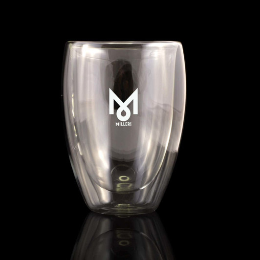 A double-walled, clear glass cup with a logo, designed for reusable drinkware.
