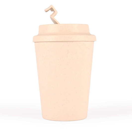 A reusable coffee cup in a light beige color with a matching eco-friendly lid featuring a curved handle.