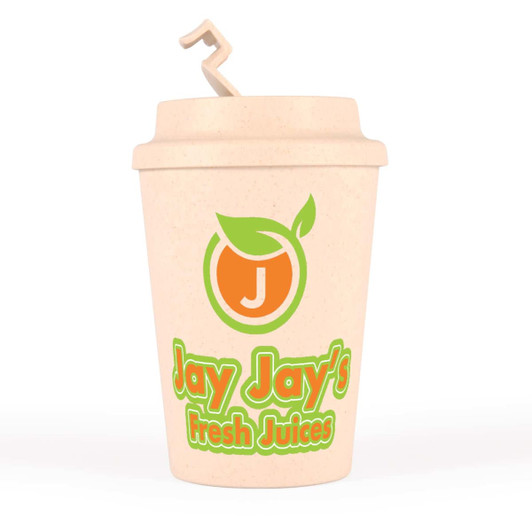 A reusable coffee cup in a creamy color with a twist lid and a logo, featuring green and orange accents.