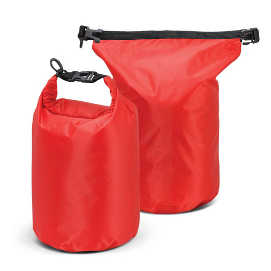 A red dry bag set featuring two sizes, with adjustable seals and a design suitable for waterproof storage.