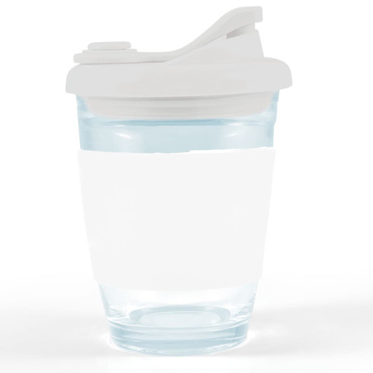 A reusable coffee cup with a clear body and a white snap lid. The cup features a blank white sleeve for customization.