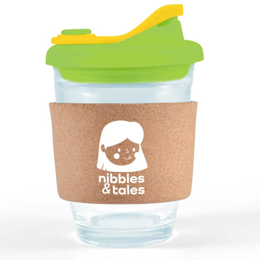 A clear coffee cup with a green snap lid and a cork band, featuring a logo on the side.