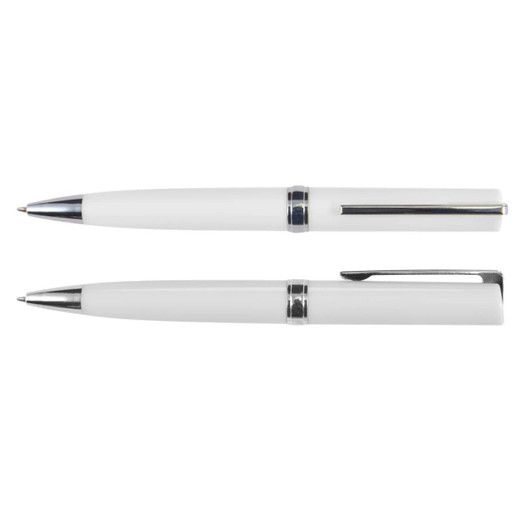A white plastic pen set featuring a sleek design with silver accents and a logo.