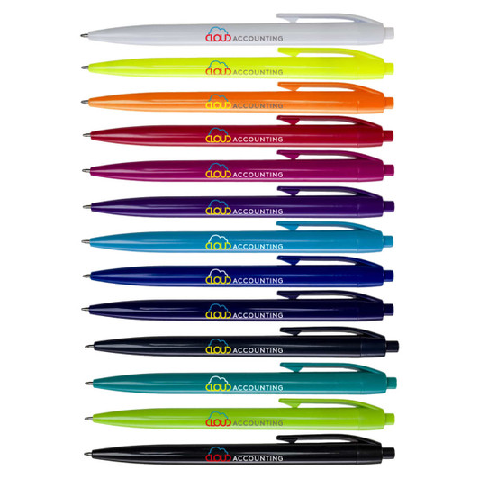 A collection of colorful plastic pens in various bright colors, each featuring a logo.