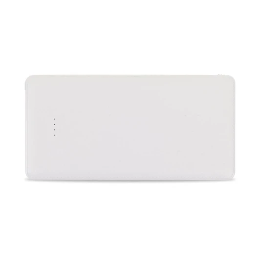 A white power bank with a sleek design and four indicator lights on one side. It features a branding logo.