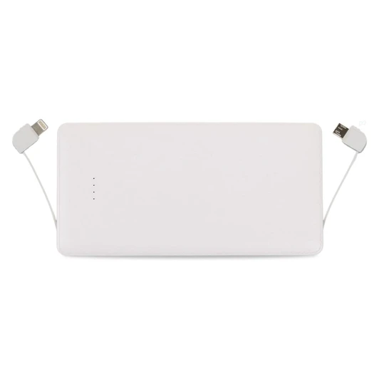 A white power bank with built-in cables for charging devices. It features an unobtrusive logo and indicator lights.
