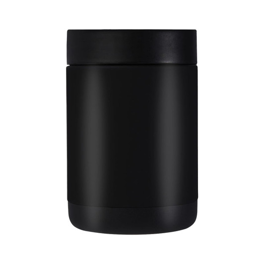 A drink bottle in matte black, featuring a sleek design and a lid. It has a logo on its surface.
