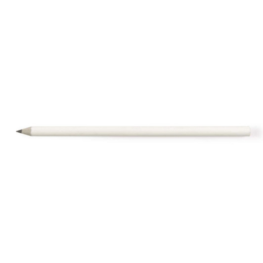 A grey-lead pencil made from recycled newspaper. The pencil features a smooth white exterior and a sharpened tip.