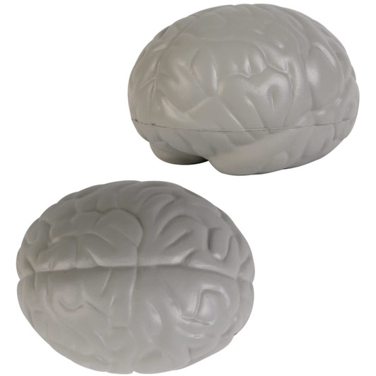 A gray brain-shaped stress reliever, featuring realistic details and a smooth texture, with a logo present.