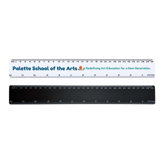 Two 30cm rulers are displayed: one white with a logo and one black, both featuring measurement markings.