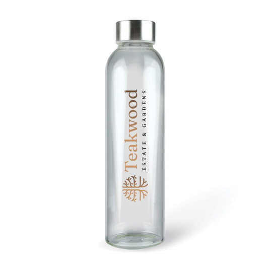 A drink bottle made of clear glass with a silver metal lid and a logo on the side.