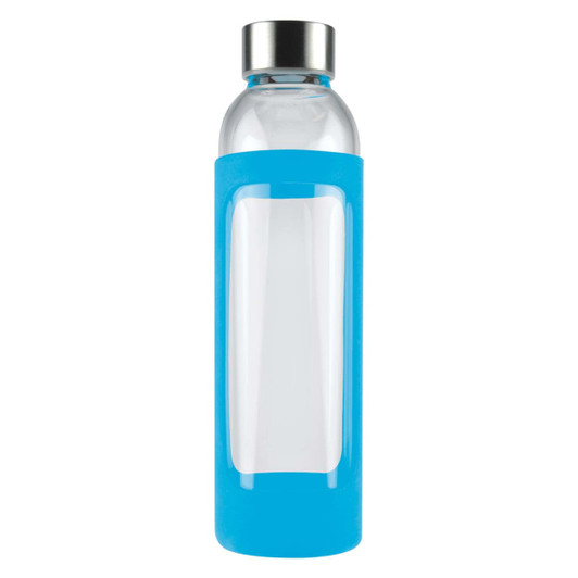 A drink bottle with a clear glass body and a bright blue silicone sleeve, featuring a metallic cap and logo.
