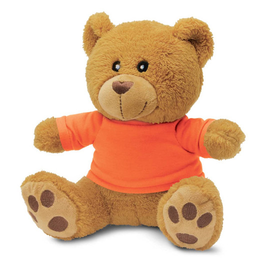 A brown teddy bear plush toy wearing an orange shirt, featuring soft fur and a cute, friendly face.