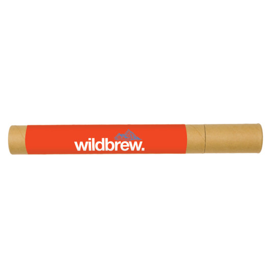 A cylindrical tube with an orange wrapper and a logo, featuring a brown cardboard cap on one end.