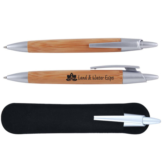 A bamboo pen with silver accents, displayed alongside a black velvet case. Features a logo on the pen.