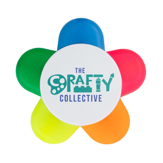 A flower-shaped highlighter set featuring green, blue, pink, orange, and yellow colours with a central logo.