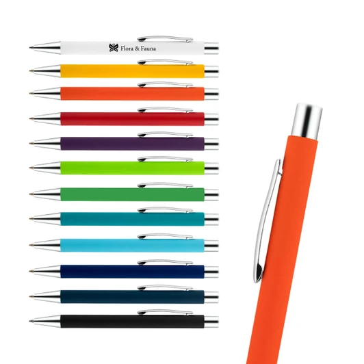 A collection of Aspen Aluminium Pens in various colours, featuring a silver clip and one pen in bright orange.