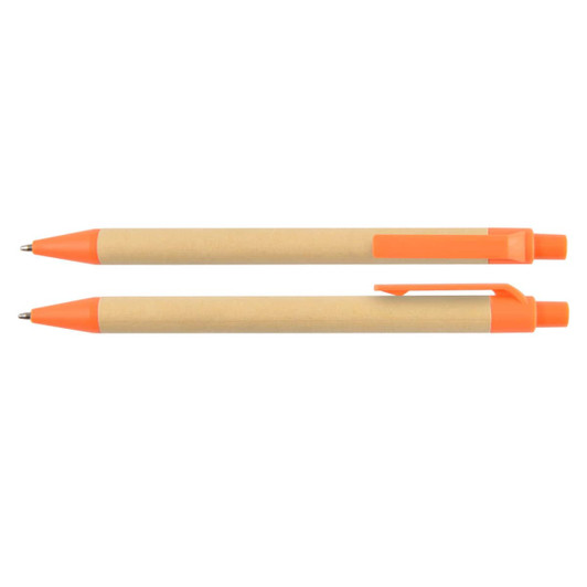 A set of two Matador PLA Eco Pens featuring a cardboard body and vibrant orange accents.