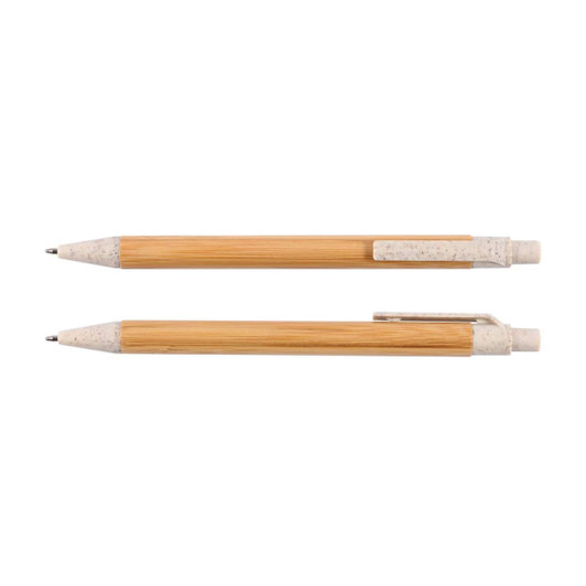 Two bamboo pens with natural bamboo bodies and light-colored plastic grips, featuring a branding logo.