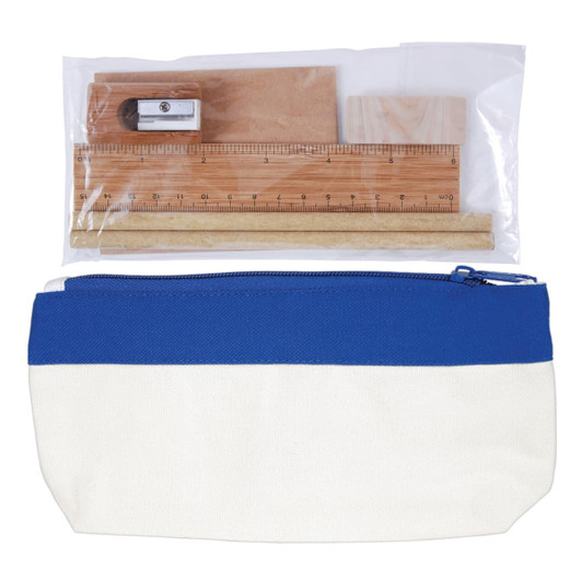A stationery set featuring a blue and white zip pouch containing a ruler, a sharpener, and wooden blocks.