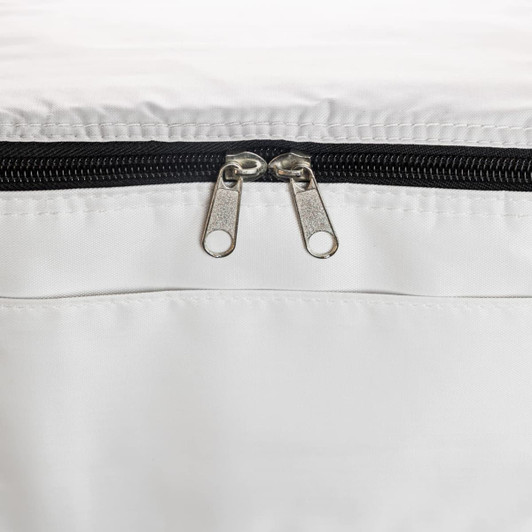 A cooler bag with a zippered closure. The bag is predominantly white with a black zipper.