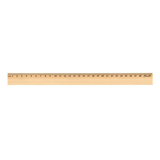 A 30cm wooden ruler with a natural finish and measurement markings along its length, featuring a logo.