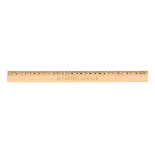 A 30cm wooden ruler with a light wood finish, featuring measurement markings and a logo.