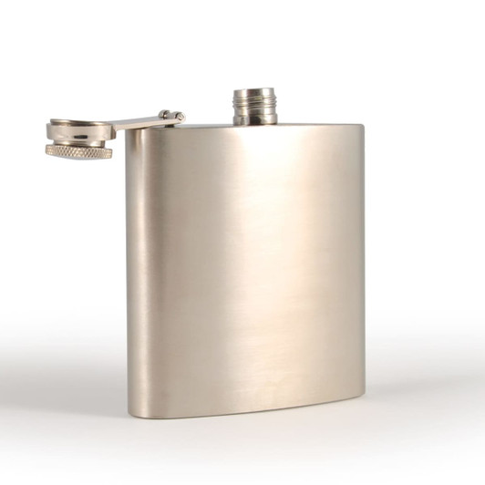 A stainless steel hip flask with a polished finish and a screw-on cap.
