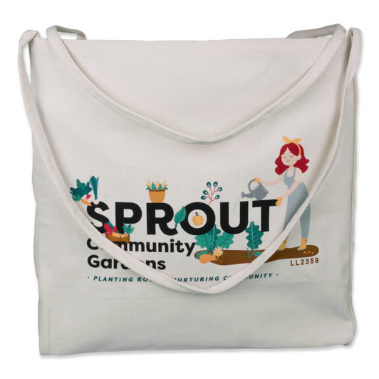 A cream-colored tote bag featuring a logo with gardening elements and a character watering plants.