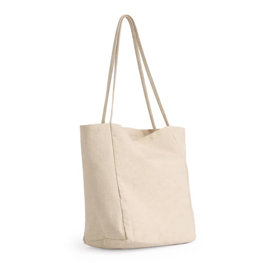 A beige tote bag with long handles and a minimalist design. It has a logo on one side.
