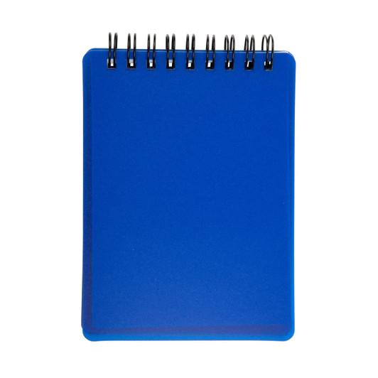 A blue, spiral-bound pocket notebook with a smooth cover and blank pages.