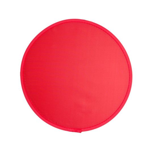 A round, bright red fabric item with a smooth surface and a stitched edge.