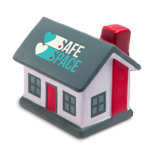 A stress reliever in the shape of a house, featuring a red chimney and blue roof with a logo.
